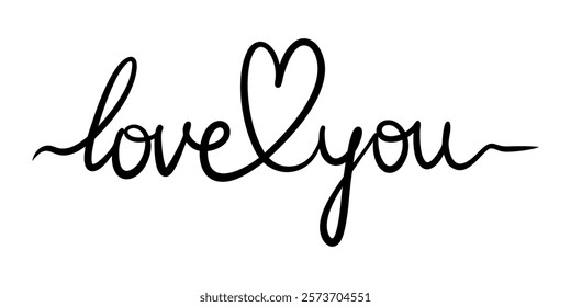 
Love You quote in continuous line script cursive text with heart drawing. Hand lettering vector illustration for wedding invitation, Valentines day card, poster, banner. Hand drawn love word. 