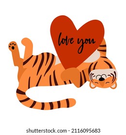 Love you quote. Cute tiger in love. Romantic lying animal holding heart in paws. Happy Valentine's day postcard. Hand drawn symbol of love, dating. Vector illustration in flat cartoon style.