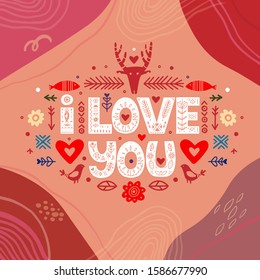 I Love You quote Lettering poster in ethnic folk style with abstract background. Trends colors. Valentines Day vector greeting card. Love and dating postcard. Engagement, wedding celebration banner.