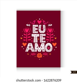 I Love You quote postcard in Portuguese. Eu Te Amo Lettering poster in ethnic folk style. 