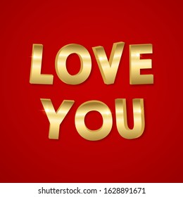 Love you - red background with realistic golden text. Vector illustration greeting card, poster, flyer, banner.