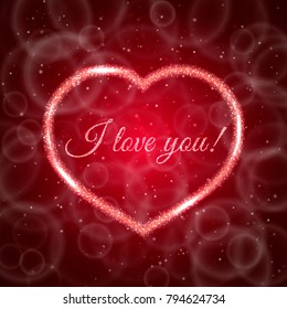 I love you! Red Valentine’s day greeting card with sparkling heart on blurred bokeh background. Romantic vector illustration. Easy to edit design template for your artworks.
