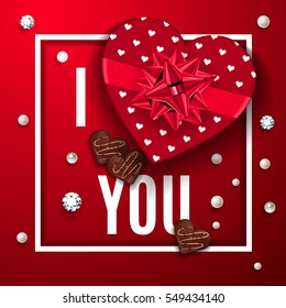 I love you red greeting card. Happy Valentine's Day celebrate banner. Top view on romantic composition with gift box of chocolate in heart shape with candy, pearls and diamonds. Vector illustration