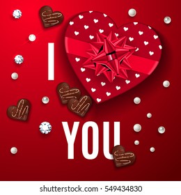 I love you red greeting card. Happy Valentine's Day celebrate banner. Top view on romantic composition with gift box of chocolate in heart shape with candy, pearls and diamonds. Vector illustration