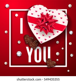 I love you red greeting card. Happy Valentine's Day celebrate banner. Top view on romantic composition with gift box of chocolate in heart shape with candy, pearls and diamonds. Vector illustration