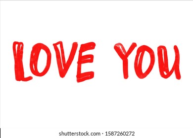 Love You, red hand written lettering quote on white. Romantic calligraphy phrase. vector illustration for valentines day