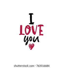 I love you. Red Heart. Black brush letters. Modern hand lettering. Hand-painted inscription. Motivational calligraphy poster. Stylish font typography. Quote for cards, photo overlays, invitations.