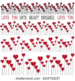 Love You Red Heart Shape Brushes. Seamless Borders Clipart Design for Valentines Day with growung Hand Drawn Linear Hearts. Vector Isolated Illustration