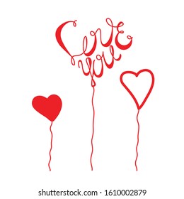 Love You red lettering Valentines Day calligraphy phrase with heart balloons form isolated on white background. Hand drawing text for make your design by greeting card, t-shirt print, flyer, poster