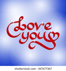 Love you red patterned lettering on blue background. Greeting card template for Valentine's day.