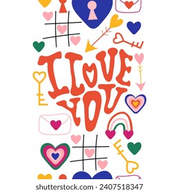 I love you retro border. Hand written heart shaped phrase. Vector groovy Valentine's day card.