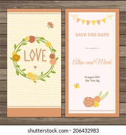 I love you retro style card, save the date cards, two side. Cute chevron background and hand drawn flowers bouquet and ribbons. Card template on wood background