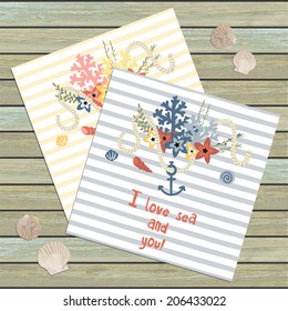 I love you retro style card, save the date cards. Two color set. Cute striped background and hand drawn sea flowers bouquet. Card template on wood background