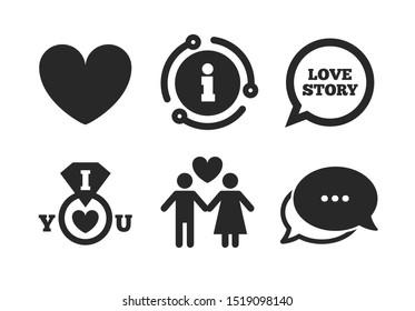 I love you ring symbol. Chat, info sign. Valentine day love icons. Couple lovers sign. Love story speech bubble. Classic style speech bubble icon. Vector
