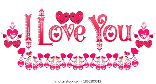 I Love You. Love romance wedding wish. Marriage anniversary. Husband wife marriage. Word art label. Love emoticon stickers.  Pink hearts rose flower butterflies  pattern. Vector text.