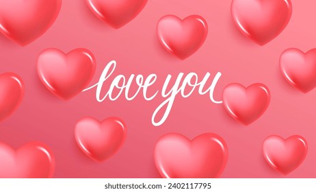 Te Amas. Fondo romántico con corazones rojos 3d y letras a mano. Diseño gráfico Velentines Day. Ilustración vectorial.