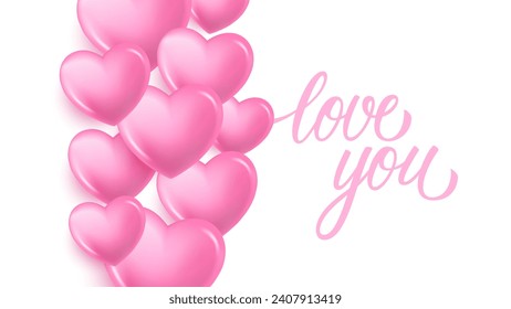 Te Amas. Fondo romántico con corazones rosados 3d y letras a mano. Diseño gráfico para el Día de Velentines o Día de la Boda. Ilustración vectorial.
