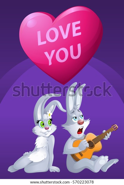 Love you. Romantic card with\
Rabbits. Cartoon styled vector illustration. Elements is grouped\
and divided into layers. No transparent\
objects.