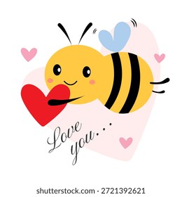 Te quiero. Composición romántica en forma de postal cuadrada. Abeja de dibujos animados con un corazón sobre un fondo blanco. Ilustración vectorial