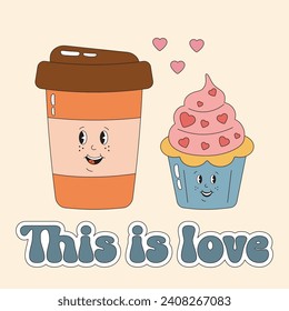 Te amo, concepto romántico, vidrio de papel, taza de café y muffin enamorado en un estilo retro groovy. Bonita tarjeta de amor de San Valentín con pareja perfecta, pareja de amor. Hippie retro vintage elementos de los años 90.