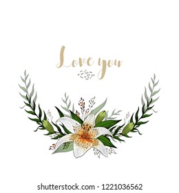 Love you romantic postcard half wreath with lily flowers and lettering vector template svg