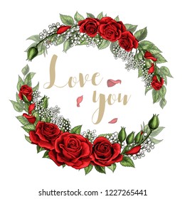 Love You Romantic Postcard Wreath With Red Rose Flowers And Lettering Vector On White Template. Design Holiday Happy Valentines Day Greeting Card.