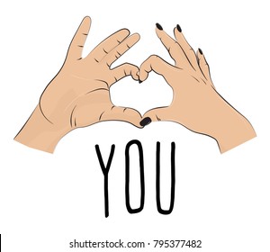 I love you romantic print. Valentines fingers heart gesture. Fingers together showing love and romance. typographic greeting card on Valentines day, wedding, date