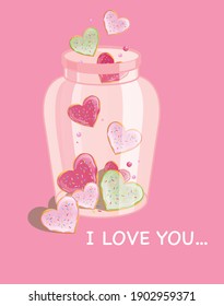 I love you romantic sweet donut hearts in bottle on the pink background for the Valentine Day