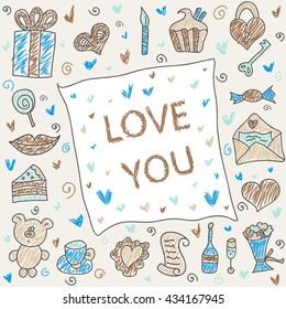 Love you. Romantic vector illustration. Hand drawn cute Valentine's day greeting card. Pencil drawing in pastel colors.