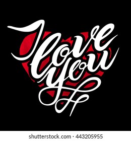 I Love You - romantic vector typography, watercolor hearts isolated on black background, lettering made by hand, posters or postcards.