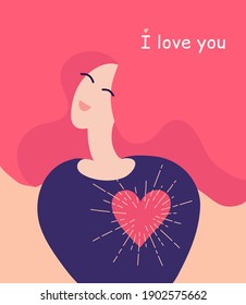 I love you. Saint Valentine's Day greeting card.  Love yourself concept. Woman with big shining heart. Smiling girl with pink hair and quote. Love message. Cute banner. Happy mother, mom in love.