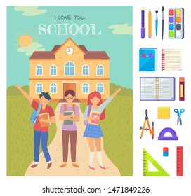 I love you school postcard, girl and boy with backpack and books. Pen and pencil, tassel and paint, book and notebook, ruler and dividers stickers vector. Back to school concept. Flat cartoon