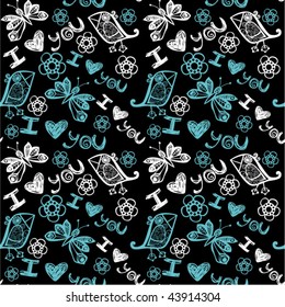" I love you" seamless pattern with butterflies and birds, cold colors