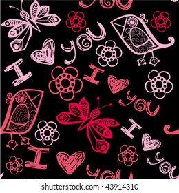 " I love you" seamless pattern with butterflies and birds in pink