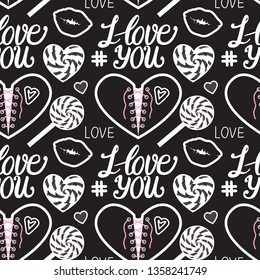 I love you seamless pattern. Heart corset, caramel, kiss, lollipop and lettering type. Vector illustration isolated on dark background. Black and white