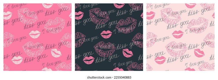 Me encanta tu patrón impecable con la impresión de los labios y la escritura del amor. Cada patrón está aislado. Impresión sin fin para San Valentín, portada, papel pintado, cosmética, artículos íntimos u otros usos. Ilustración del vector