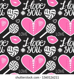 I love you seamless pattern. Pink Heart corset, caramel, kiss, lollipop and lettering type. Vector illustration isolated on dark background.