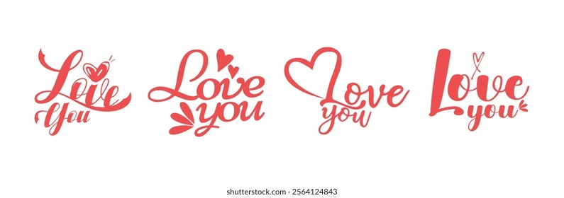 Love you set. Happy Valentine's Day - Love you - Kiss you - lettering hand doodle label. Love pattern white background typographic 