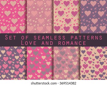 I love you. Set of seamless patterns with hearts. Festive pattern for wrapping paper, wallpaper, tiles, fabrics, backgrounds. Vector illustration.