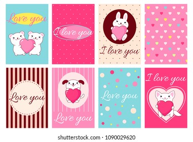 I love you. Set of Valentine's day banner, flyer, placard in retro style with cute animals. Holiday poster for scrapbooking. Vector template card for greeting, decoration, congratulation, invitation