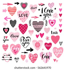 I love you. Set of  wedding design elements. Cards for Valentines day. Handwritten lettering. Hand drawn arrows. Vector illustration.