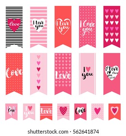 I love you. Set of  wedding flags and design elements. Banners for Valentines day. Handwritten lettering. Vector illustration.