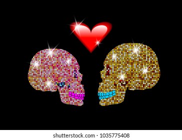I love you, Shiny glittering skulls Couple in love. Concept of love, Valentine's Day, Day of the dead. Man and Woman skull on red glossy Heart. Bridal Shower Invitation with Skulls of Bride and Groom