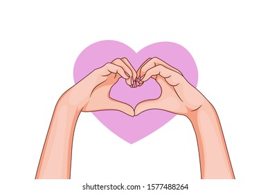 i love you sign. hands make heart shaped gesture. Saint Valentine's Day beautiful female hands. cartoon style. Isolated stock vector illustration on white background