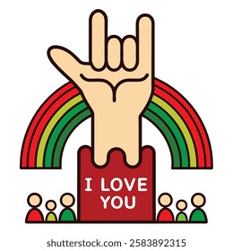 I Love You Sign Language Hand with Rainbow and Community Vector Illustration Design