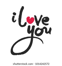 I love you sign with red heart. Hand written ink and brush calligraphy lettering for Valentines Day card. Black and red on white background. Clipping paths included.