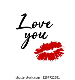 Love you sign with red lips print. Romantic typography elements with kiss sign and lovely text