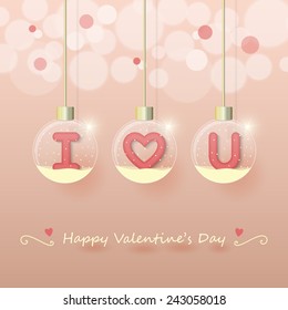I love you sign in snow globe hanging on glowing blurry pink gold background. vector.