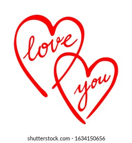 Love You sign and two hand drawn hearts. Beautiful vector hand writing. Hand drawn Love calligraphy. Vector design element.