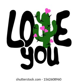 Love you sign vector files. Cactus clip art. Valentines day decor. Isolated on transparent background.
